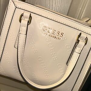 GUESS Cream Patent Satchel with Embossed Logo